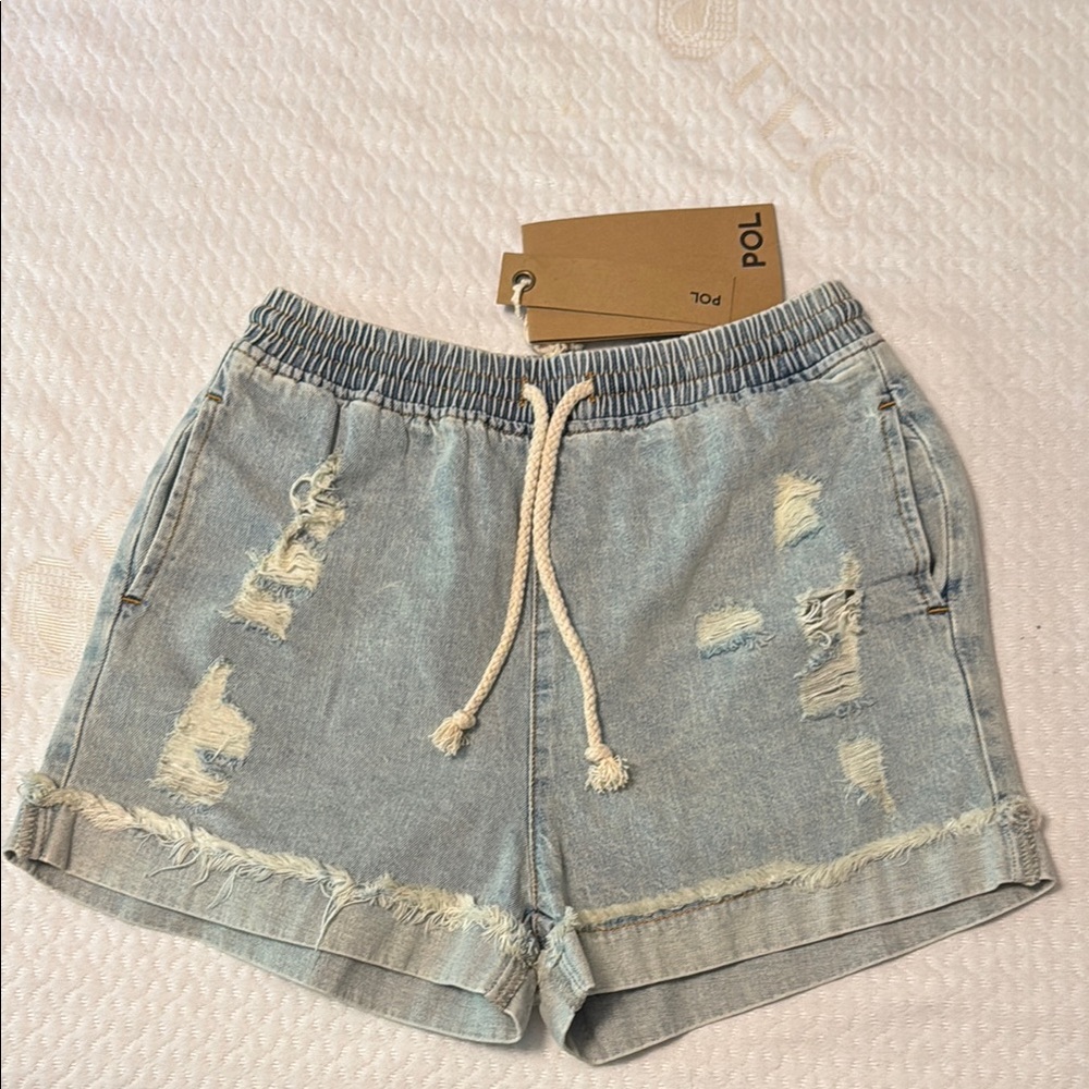 POL Blue Elastic Waist Jean Shorts Distressed